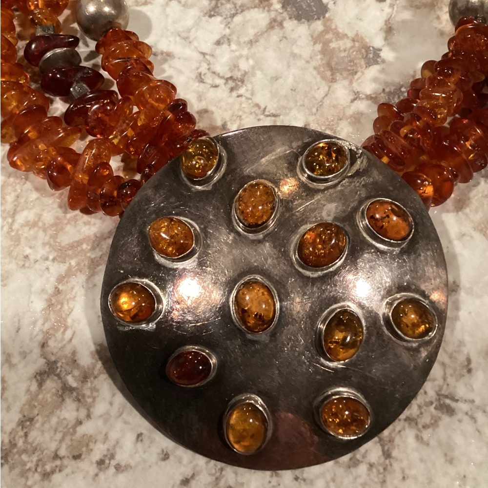 Stunning Amber and Silver Multi-Strand Necklace Huge Medallion